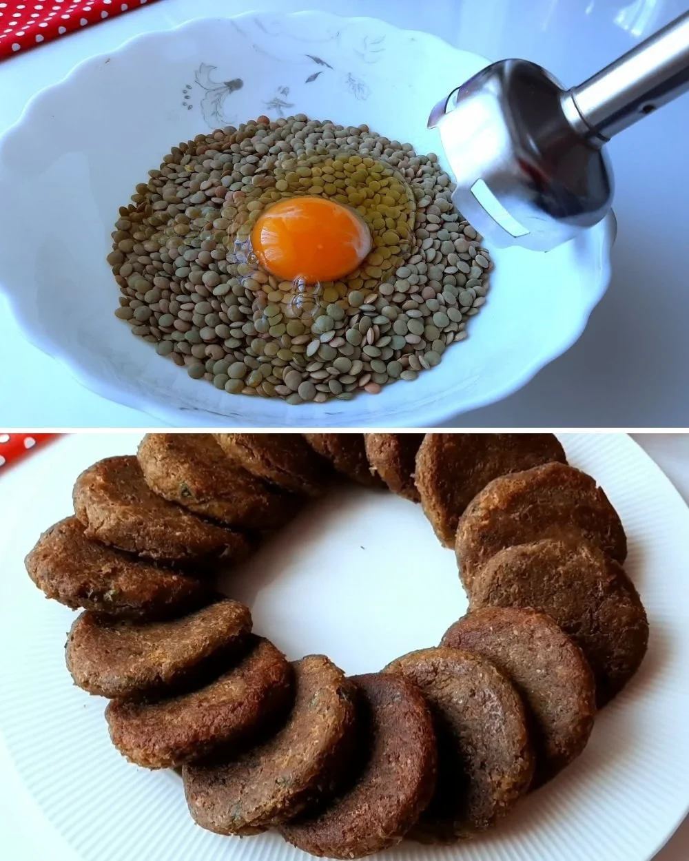 Easy lentil patties topped with yogurt sauce on a plate