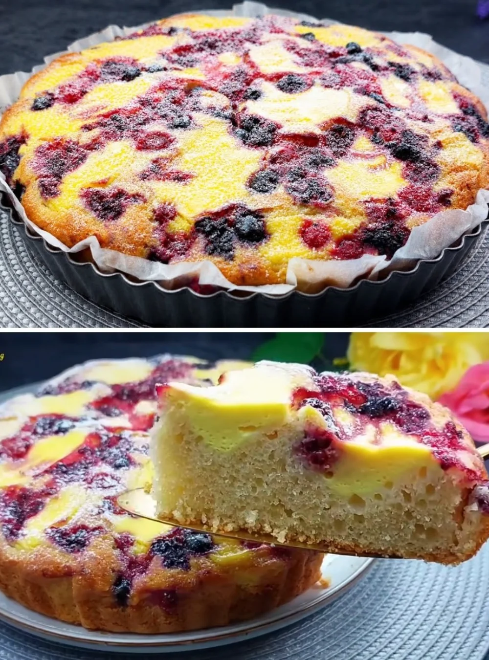Slice of creamy French cheesecake on a plate with fresh berries.