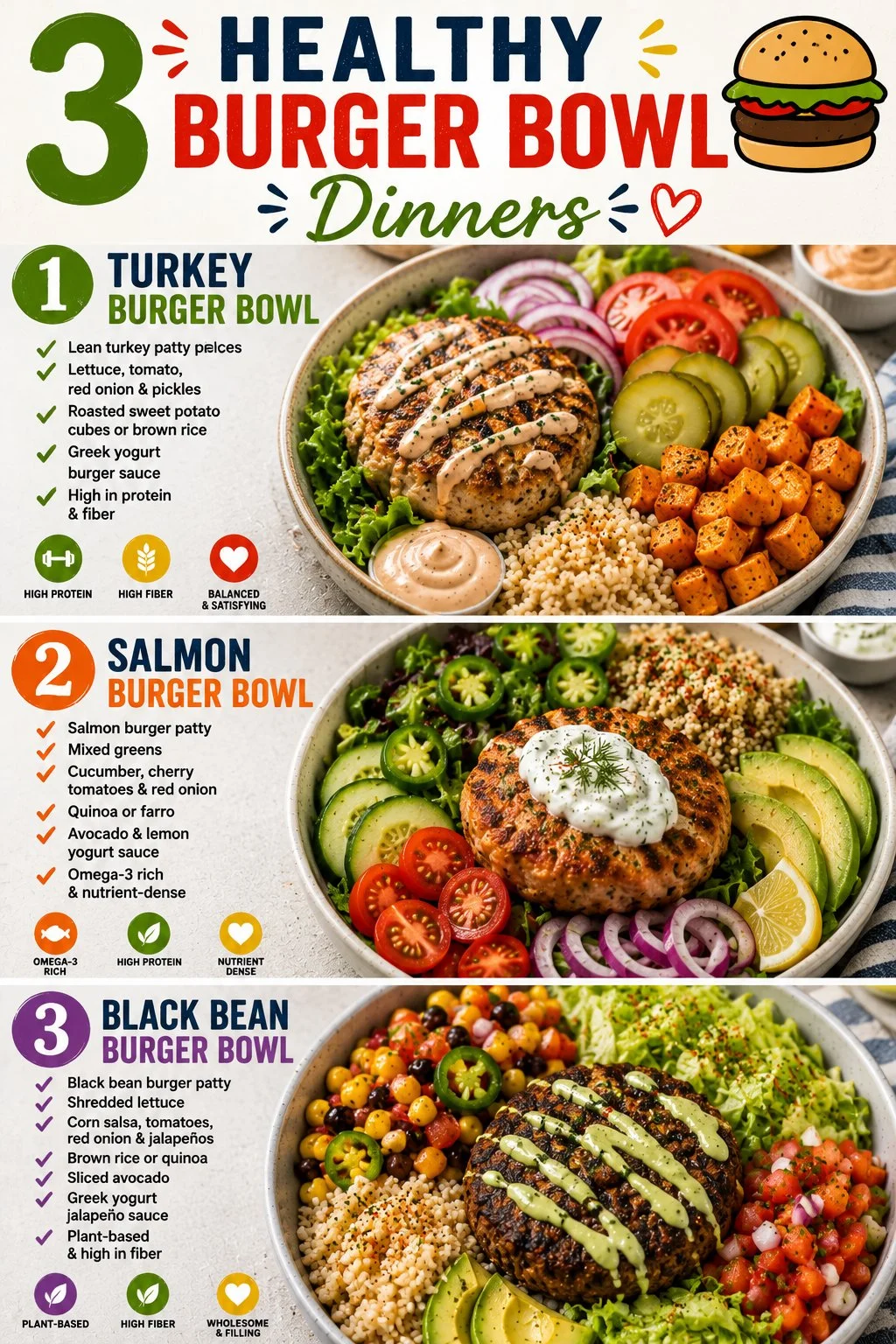 A vibrant burger bowl featuring turkey, salmon, and black beans for a healthy meal.