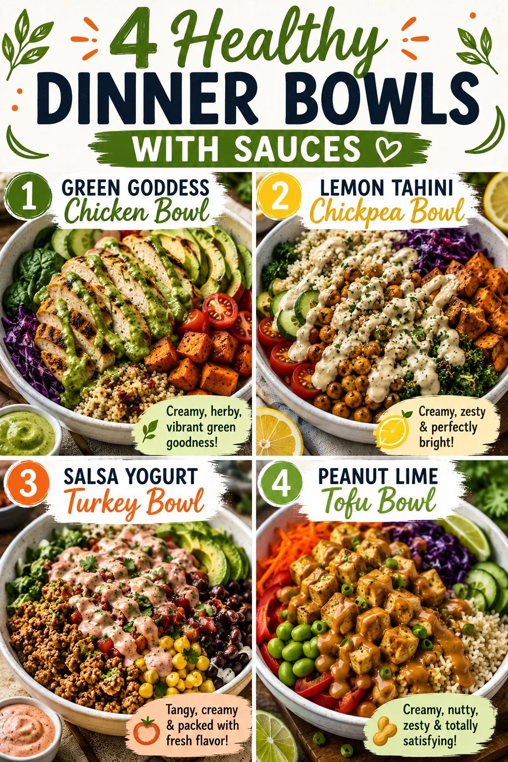 Healthy dinner bowls with sauces for nutritious meals