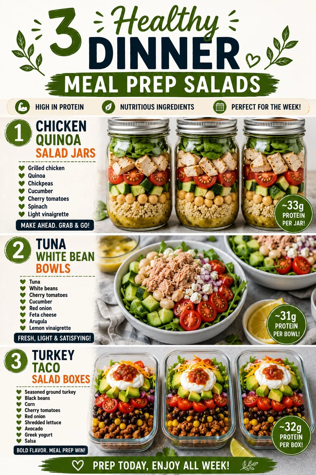 Colorful and healthy dinner salads ready for meal prep