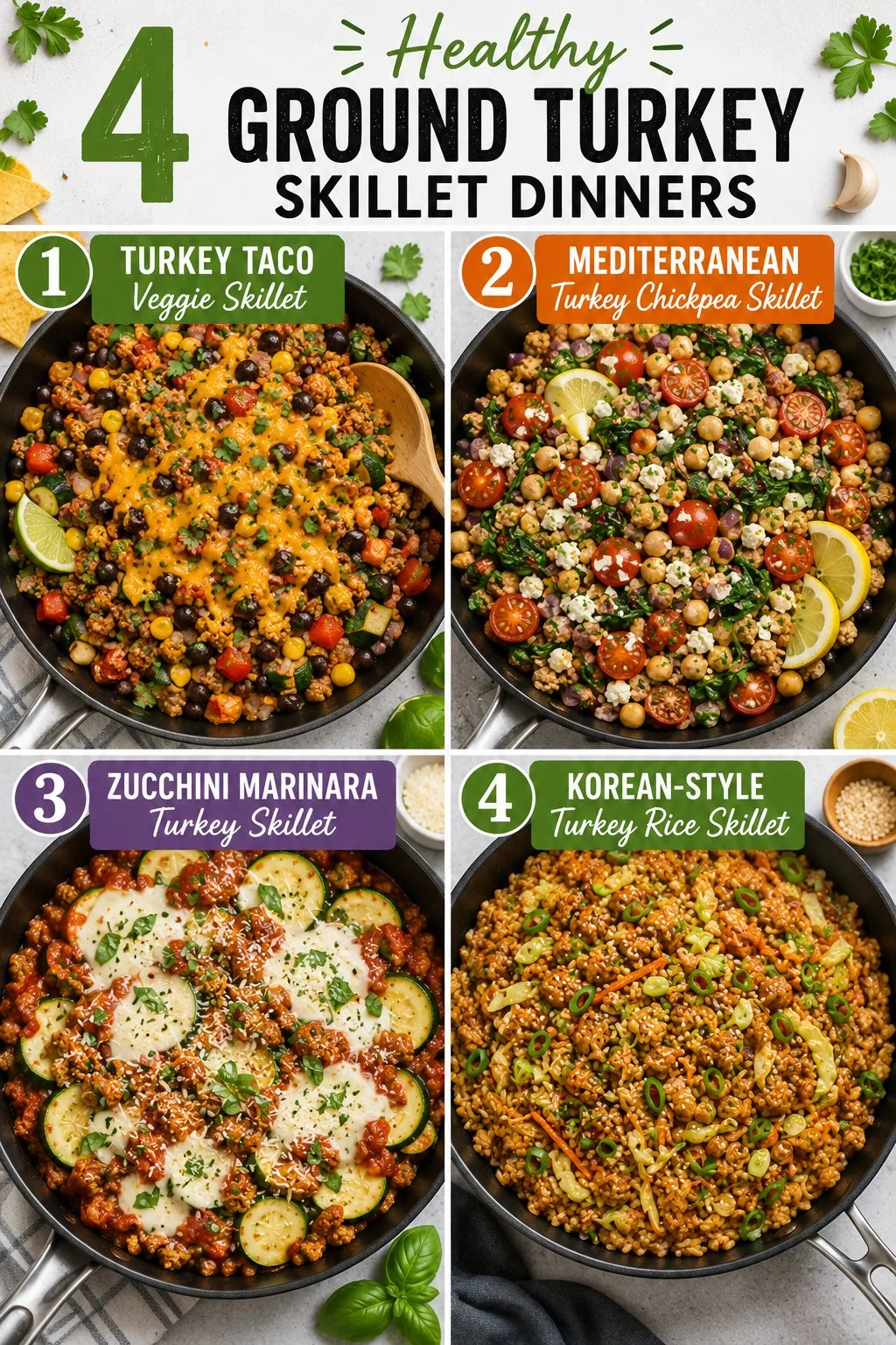 Healthy ground turkey skillet dinner with vegetables in a colorful pan