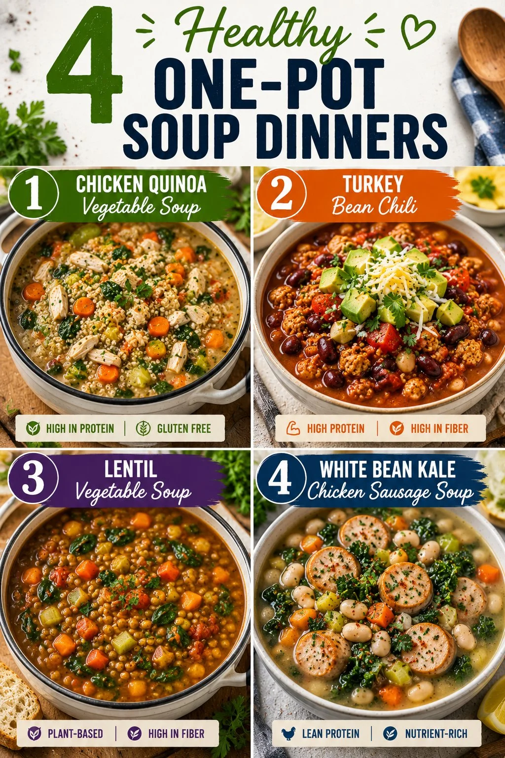 Healthy one-pot soup dinners with fresh ingredients in a bowl