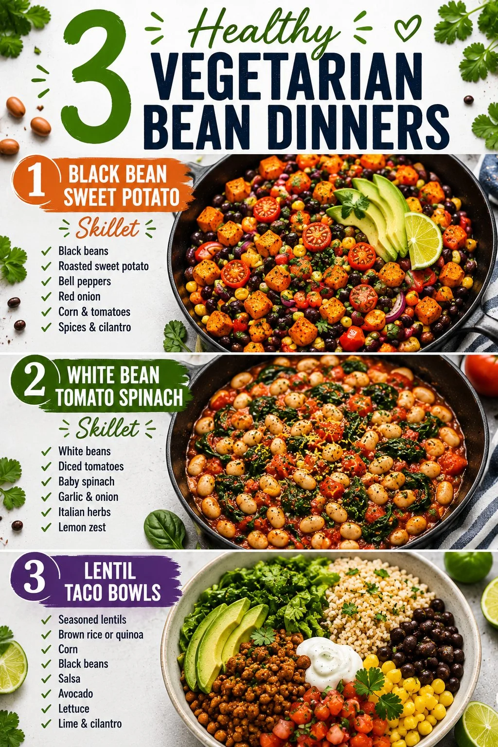 Three healthy vegetarian bean dinner recipes displayed on a plate