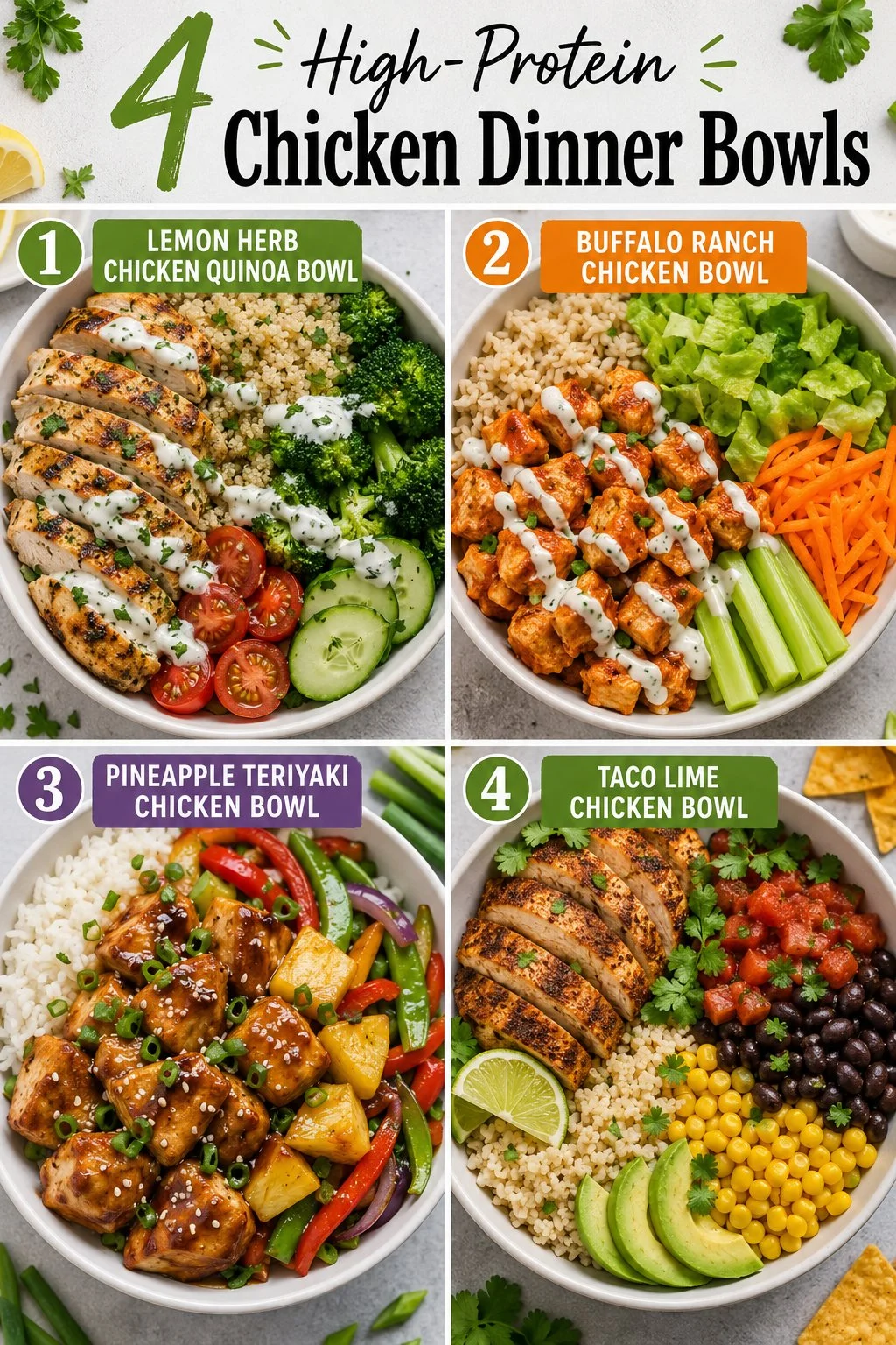 High-protein chicken dinner bowl with vegetables and grains