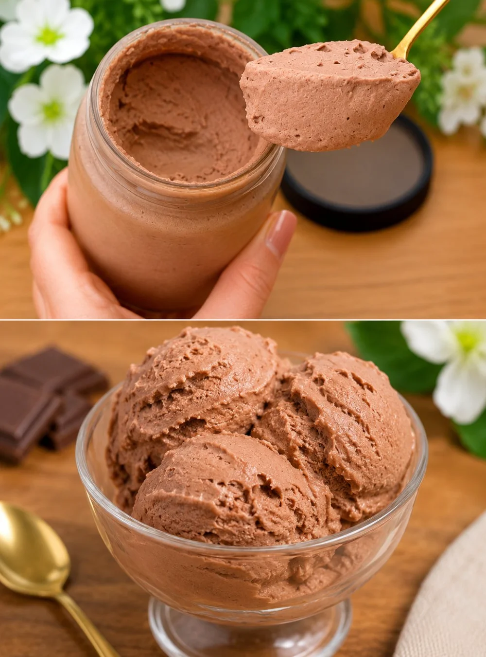 Delicious homemade chocolate ice cream in a bowl topped with chocolate shavings.