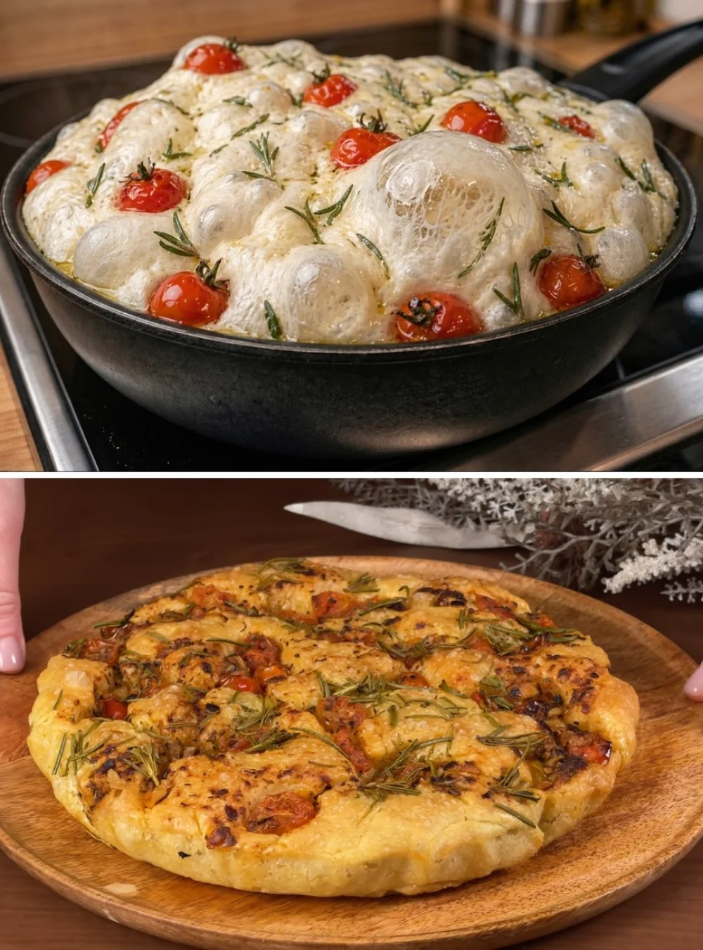 Delicious homemade focaccia bread with herbs and olive oil