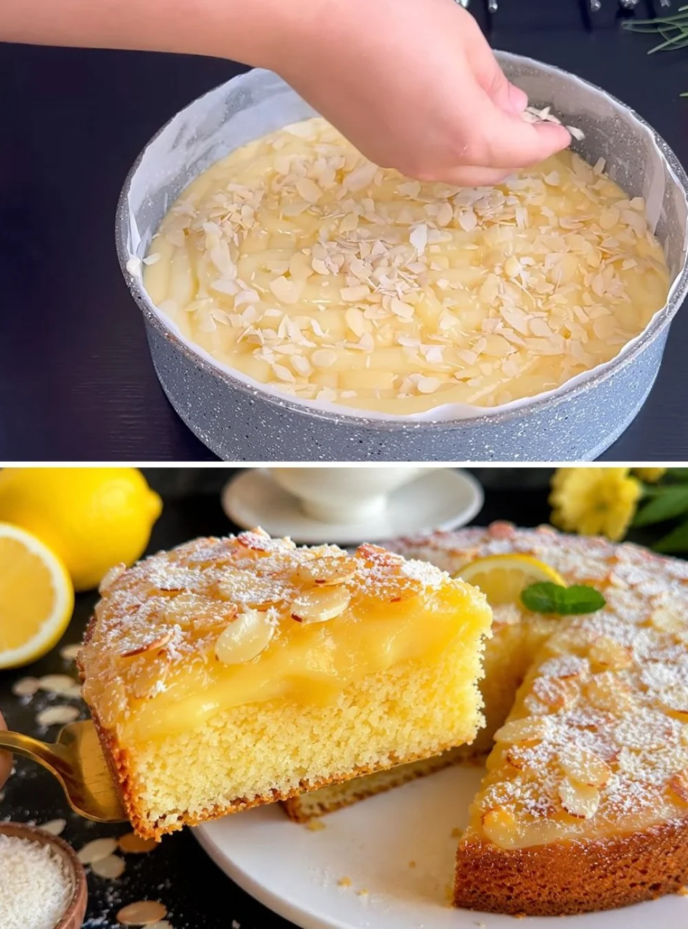 Slice of moist Lemon Coconut Cake topped with coconut flakes and lemon zest