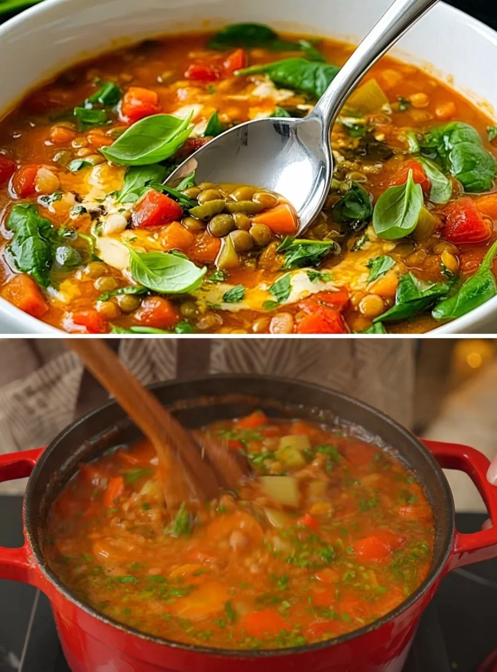 Delicious bowl of homemade lentil soup garnished with herbs.