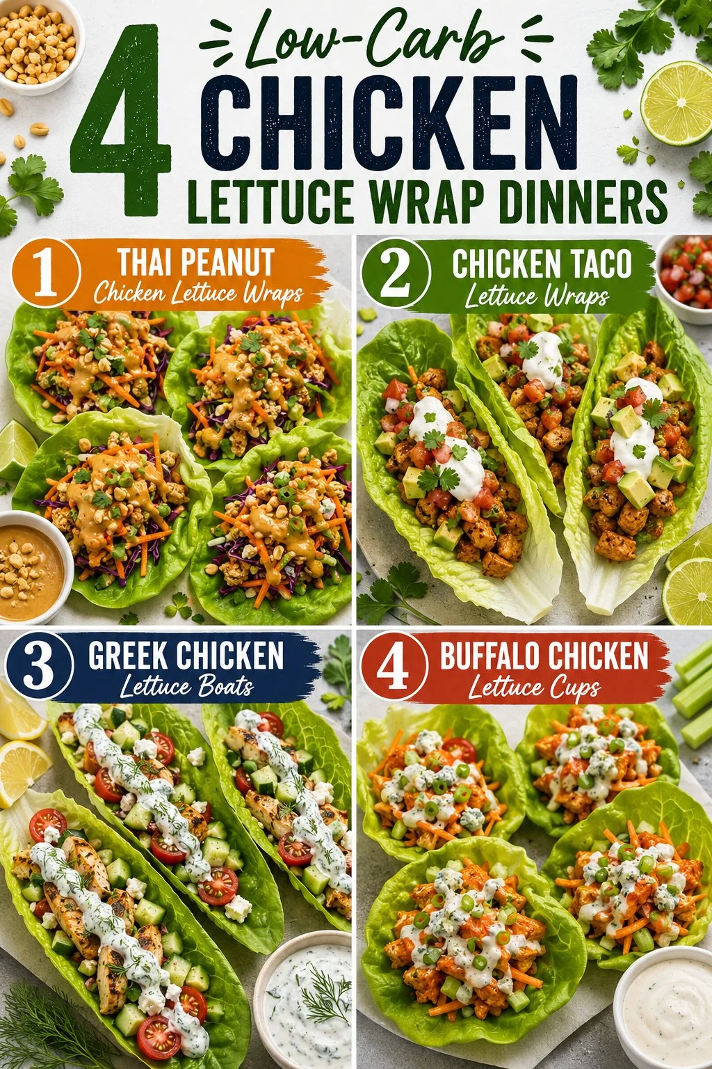 Plate of low-carb chicken lettuce wraps filled with chicken and fresh vegetables