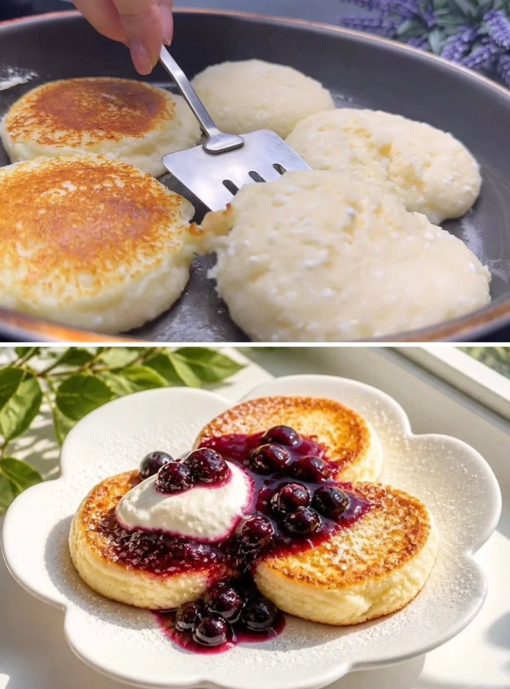 Stack of protein pancakes served with fresh berry sauce