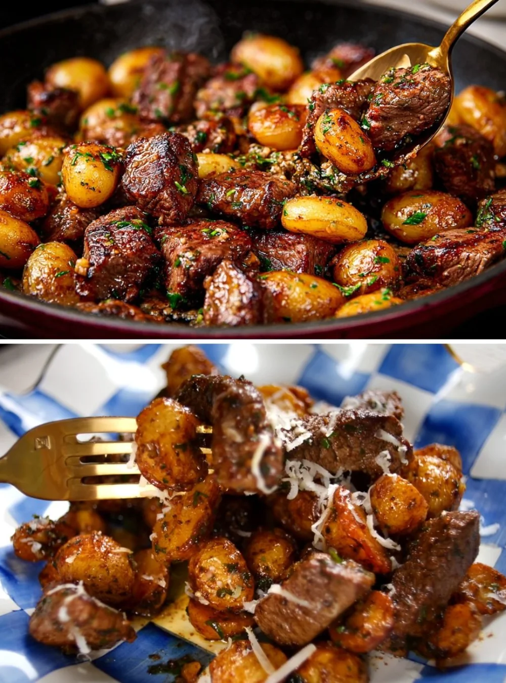 Delicious beef and potatoes served on a plate with herbs and spices