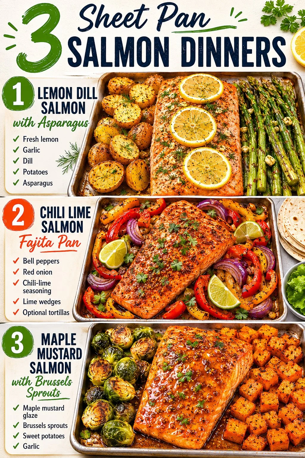 Sheet pan salmon dinners featuring lemon dill, chili lime, and maple mustard sauces.