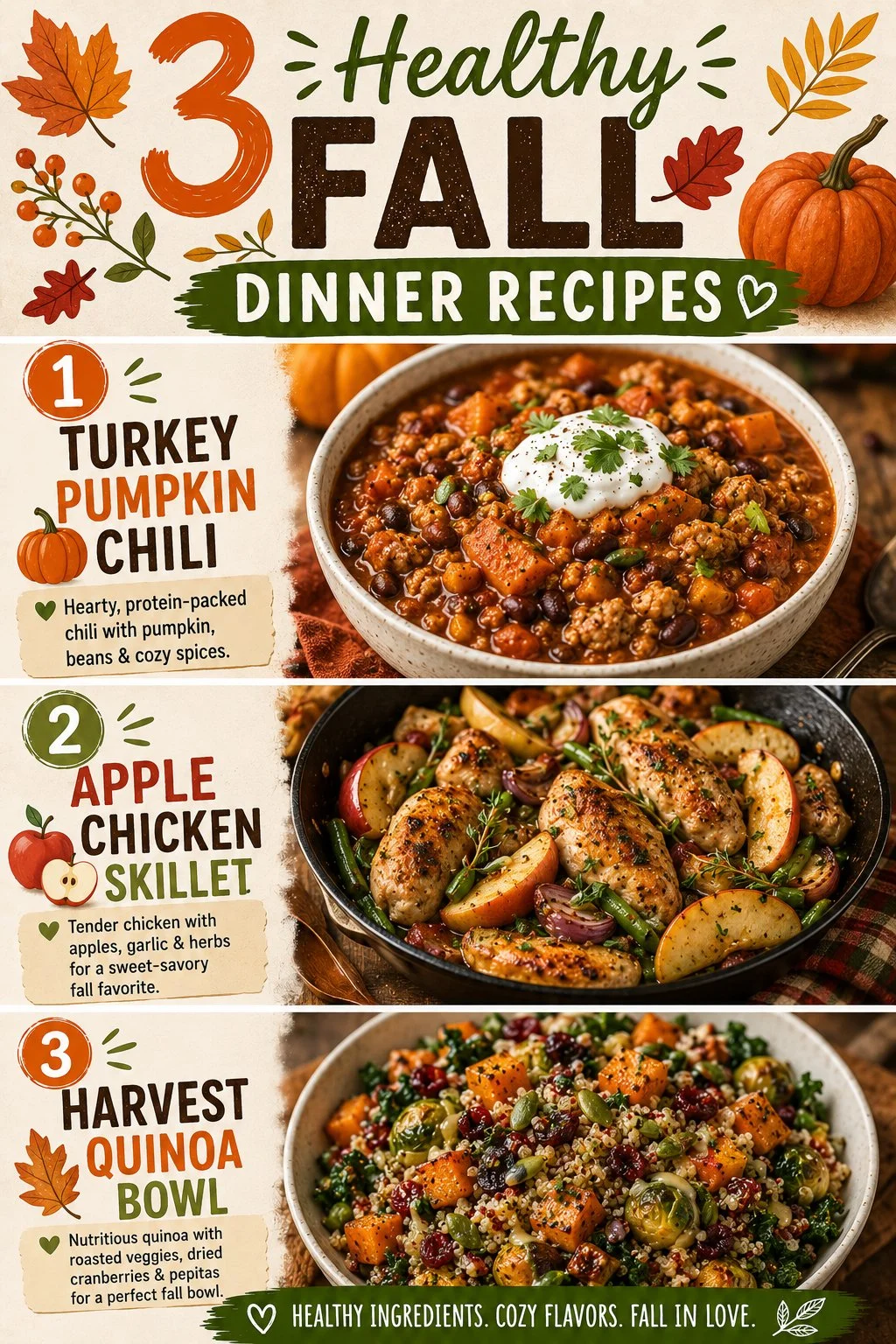 Three healthy fall dinner recipes featuring seasonal ingredients for autumn cooking.