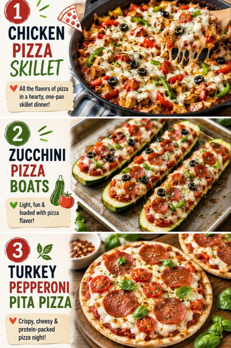 Three healthy pizza-style dinners featuring fresh ingredients and baked perfection.