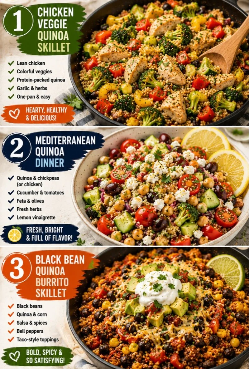 A variety of high-fiber quinoa dinner dishes served on a table