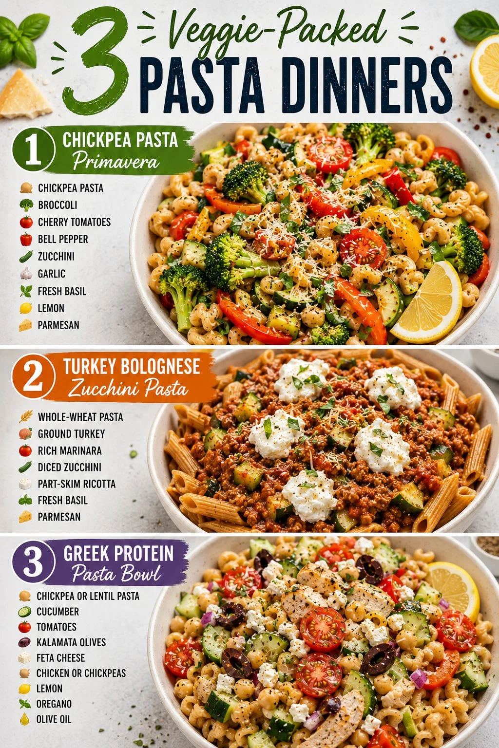 Colorful veggie pasta dish with a variety of vegetables and herbs