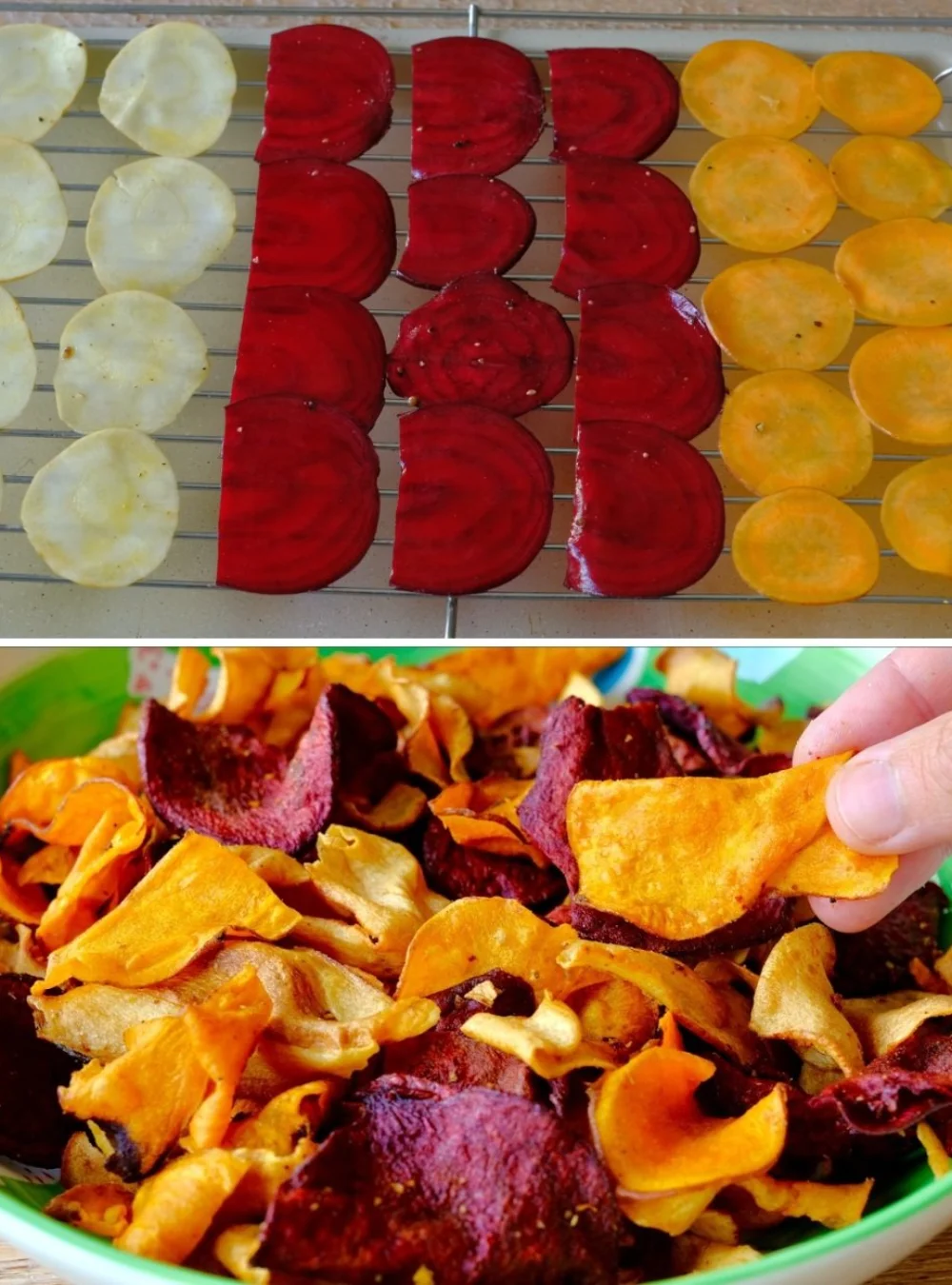 A variety of colorful vegetable chips in a bowl, showcasing healthful snacks.