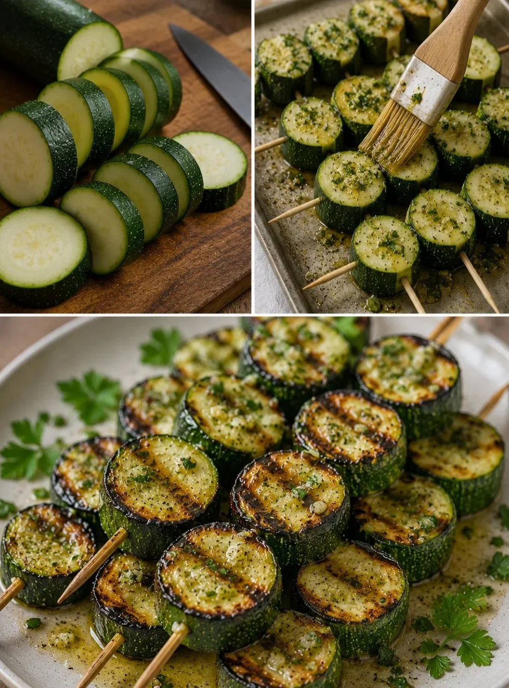 Grilled zucchini skewers with garlic butter on a platter