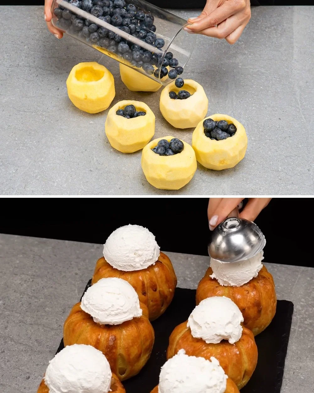 Apple and Blueberry Puff Pastry topped with powdered sugar