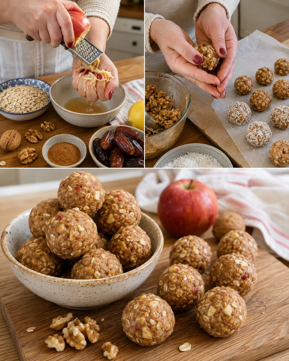 Homemade apple cinnamon walnut energy bites on a wooden table