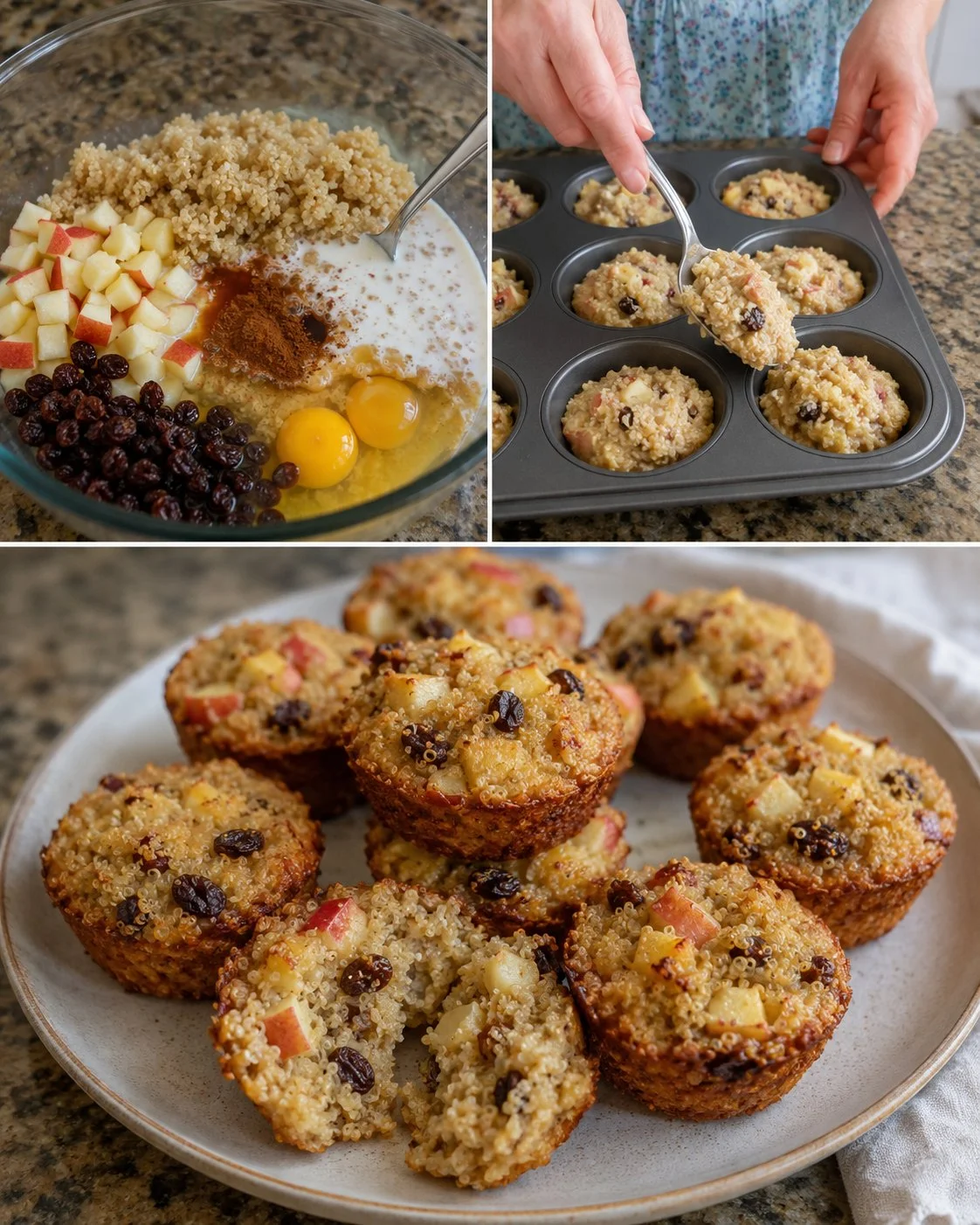 Baked Apple Raisin Quinoa Breakfast Cups topped with cinnamon and walnuts