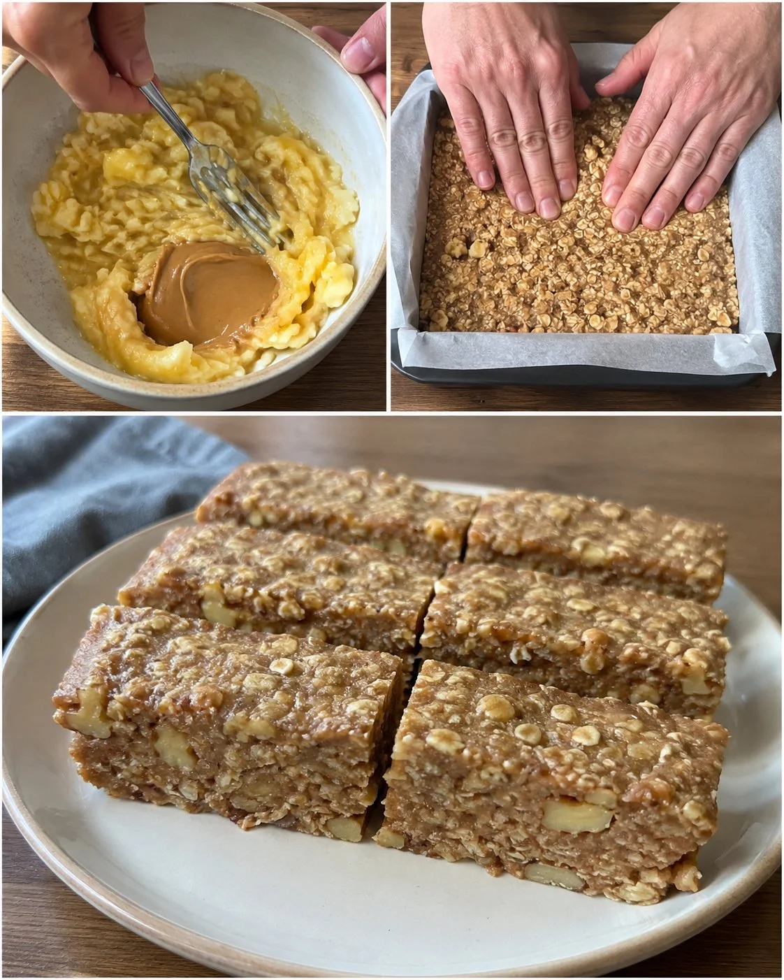 Banana oat no-bake snack bars on a wooden plate
