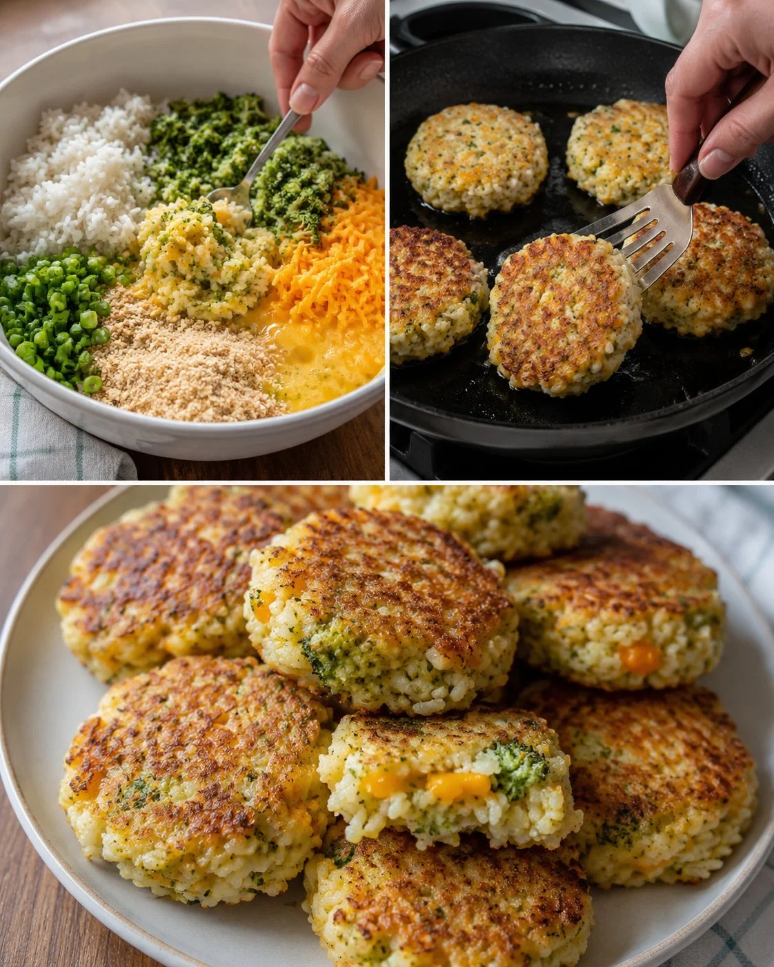 Broccoli rice cheddar patties served with crispy sides