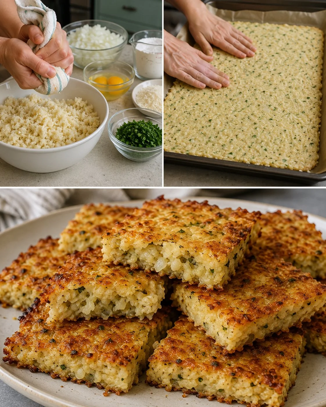 Baked cauliflower onion parmesan squares on a sheet pan, perfect for healthy snacking.