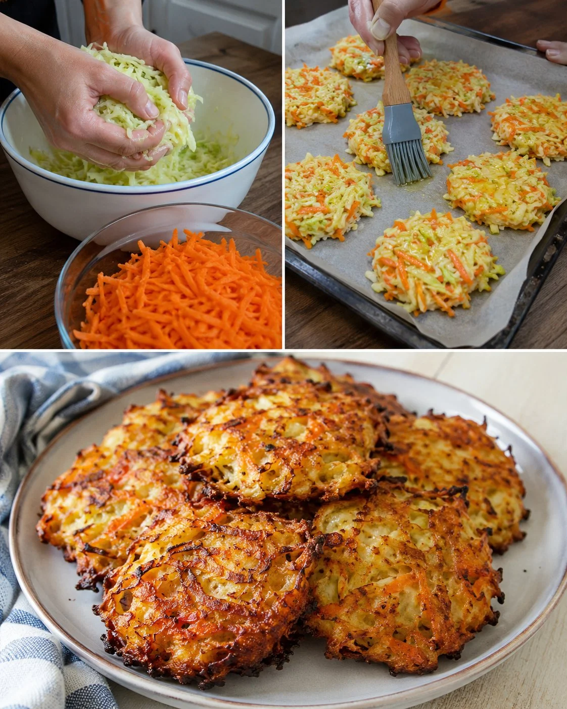 Cheesy cabbage and carrot oven fritters, baked for a healthier snack option