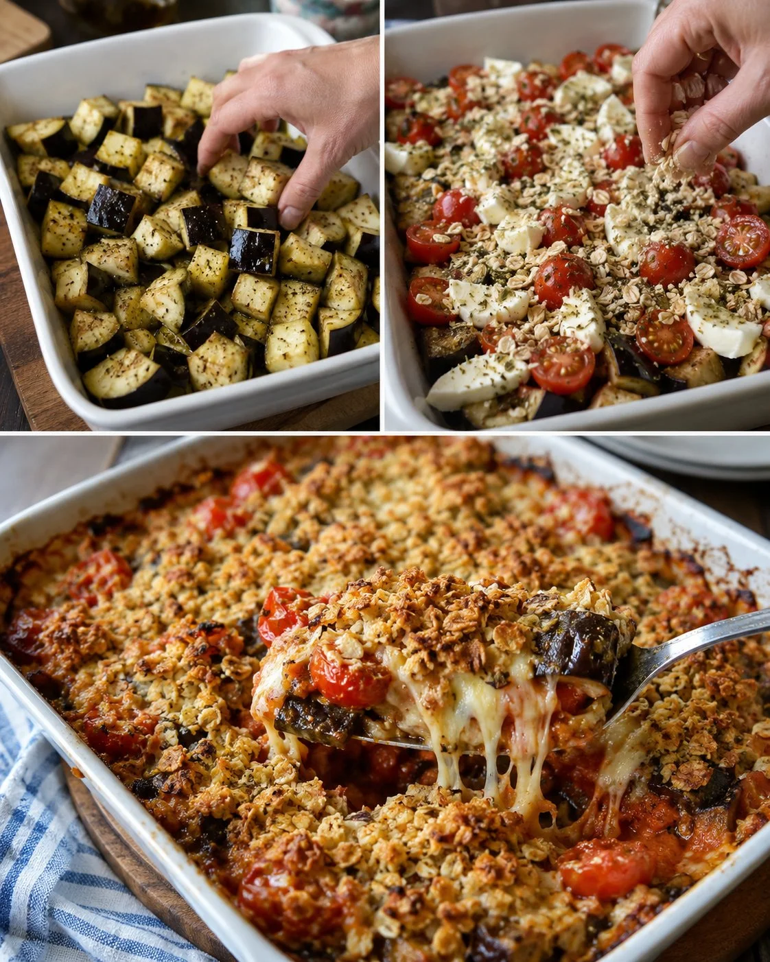 Cheesy eggplant tomato crumble bake topped with herby oats