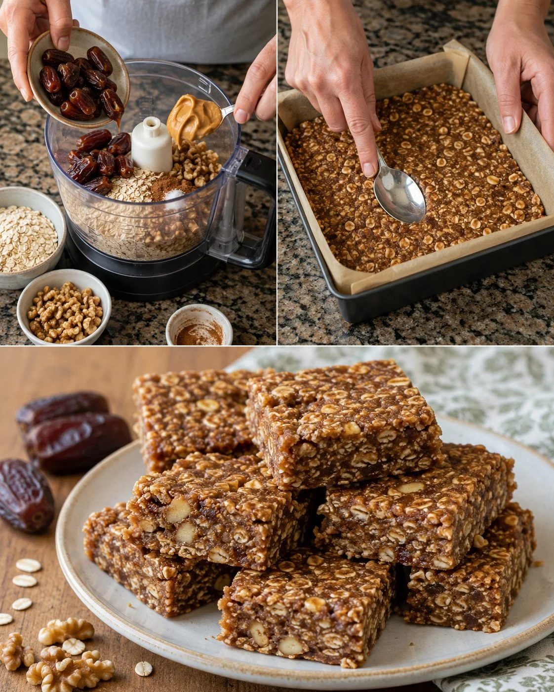 Chewy Peanut Butter Date Oat Snack Bars on a wooden table