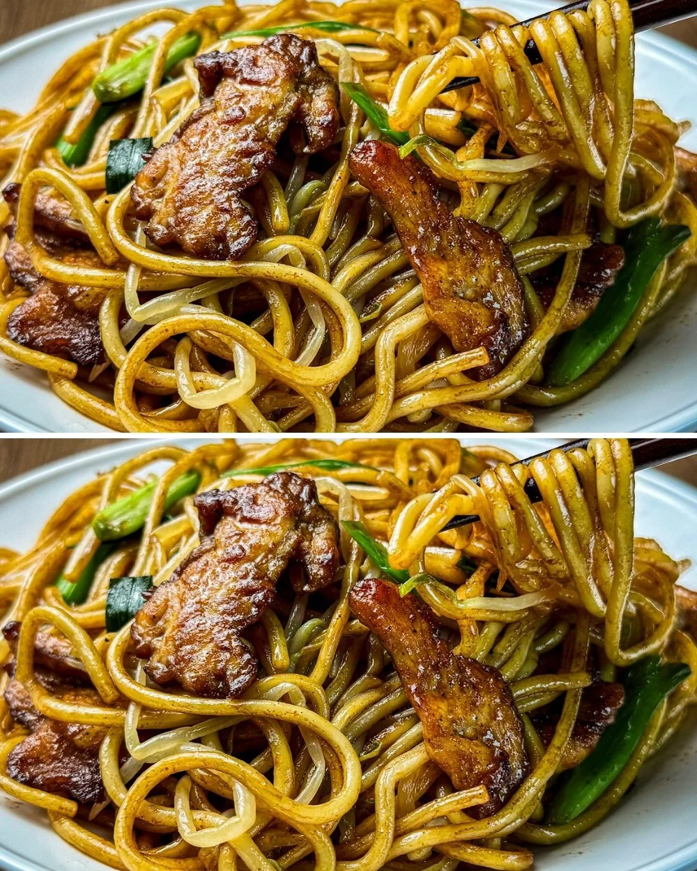 Delicious homemade Chicken Chow Mein served in a bowl with fresh vegetables