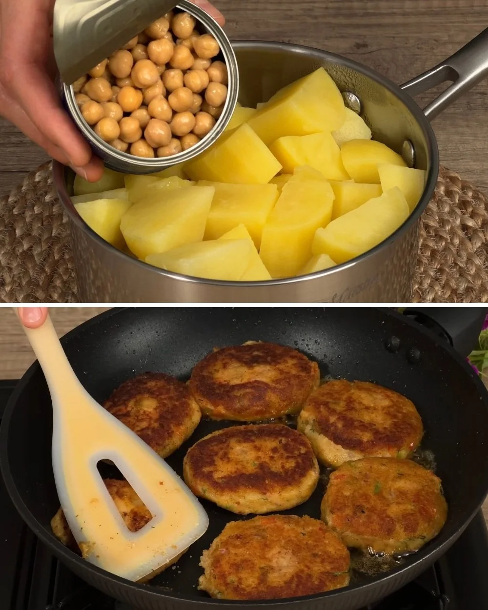 Chickpeas and potatoes in a creamy sauce dish with herbs and spices.