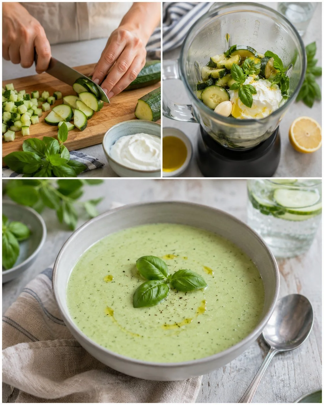 Chilled zucchini soup with basil served in a bowl, garnished with herbs.