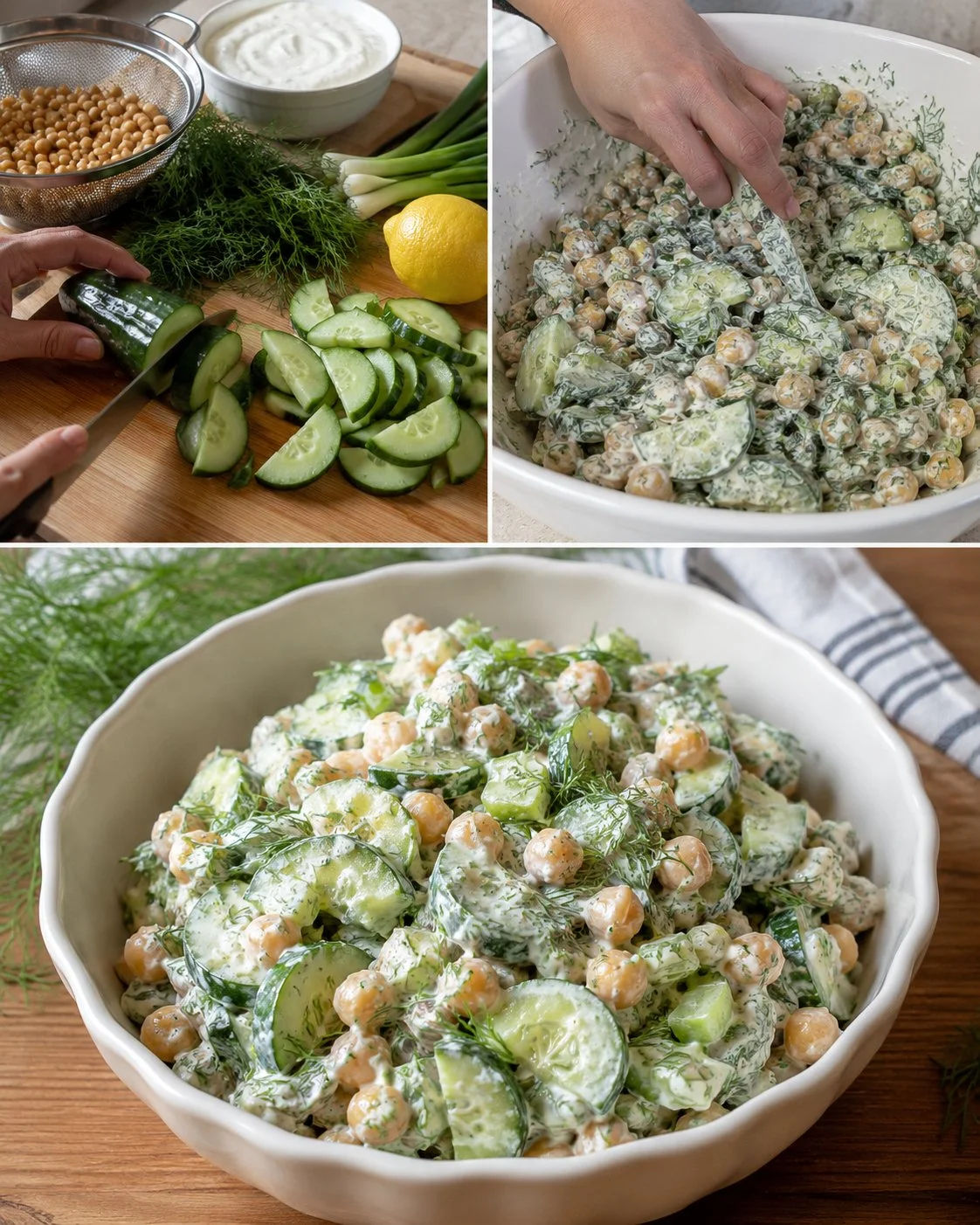 Cool cucumber chickpea dill salad with creamy yogurt in a bowl