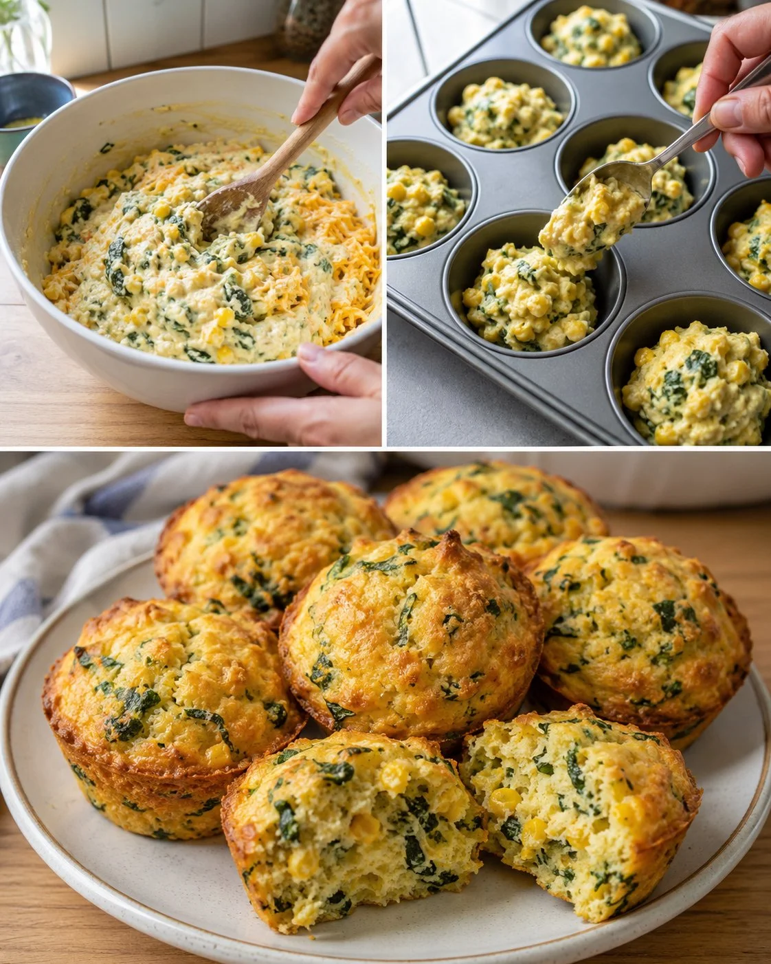 Corn spinach polenta muffins with golden tops on a wooden table