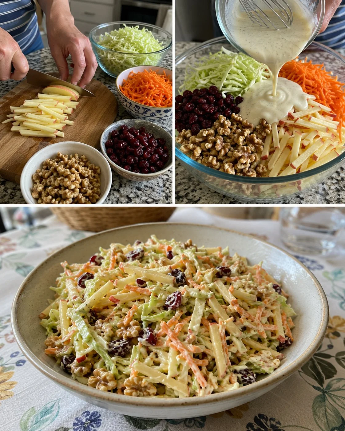 Creamy apple cabbage carrot salad in a bowl garnished with fresh herbs