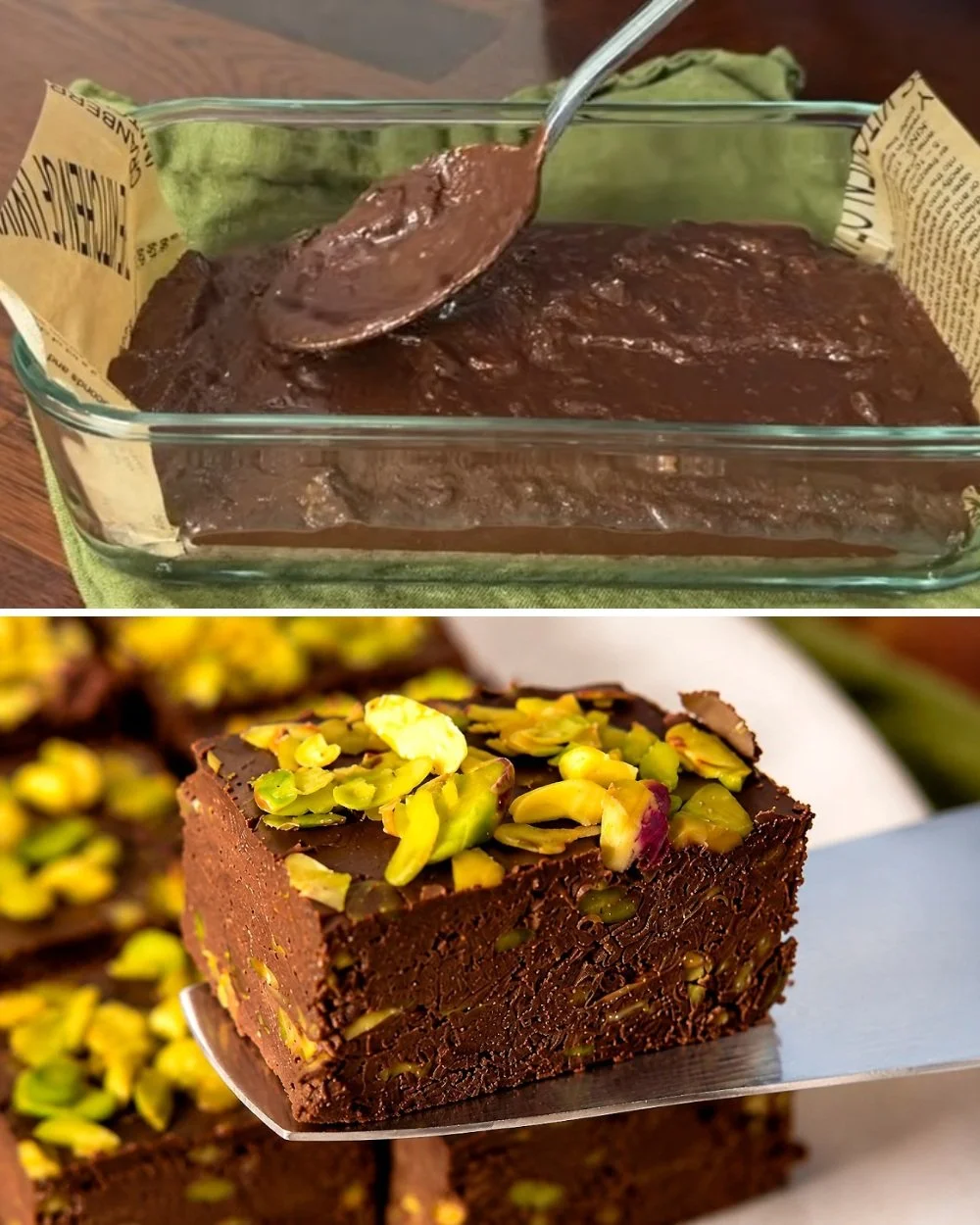 Creamy apple chocolate pistachio dessert on a white plate