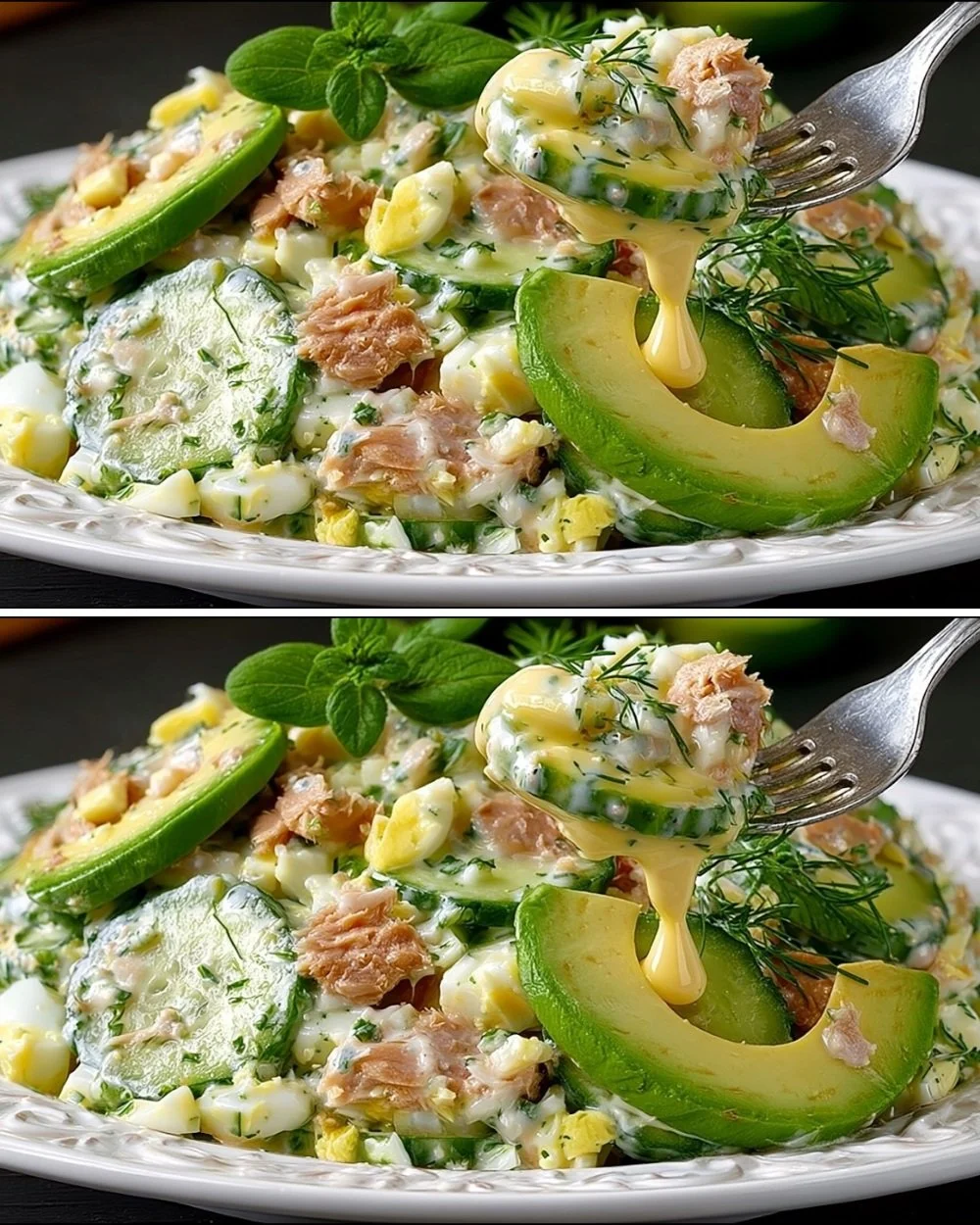 Creamy avocado tuna salad served in a bowl with fresh ingredients
