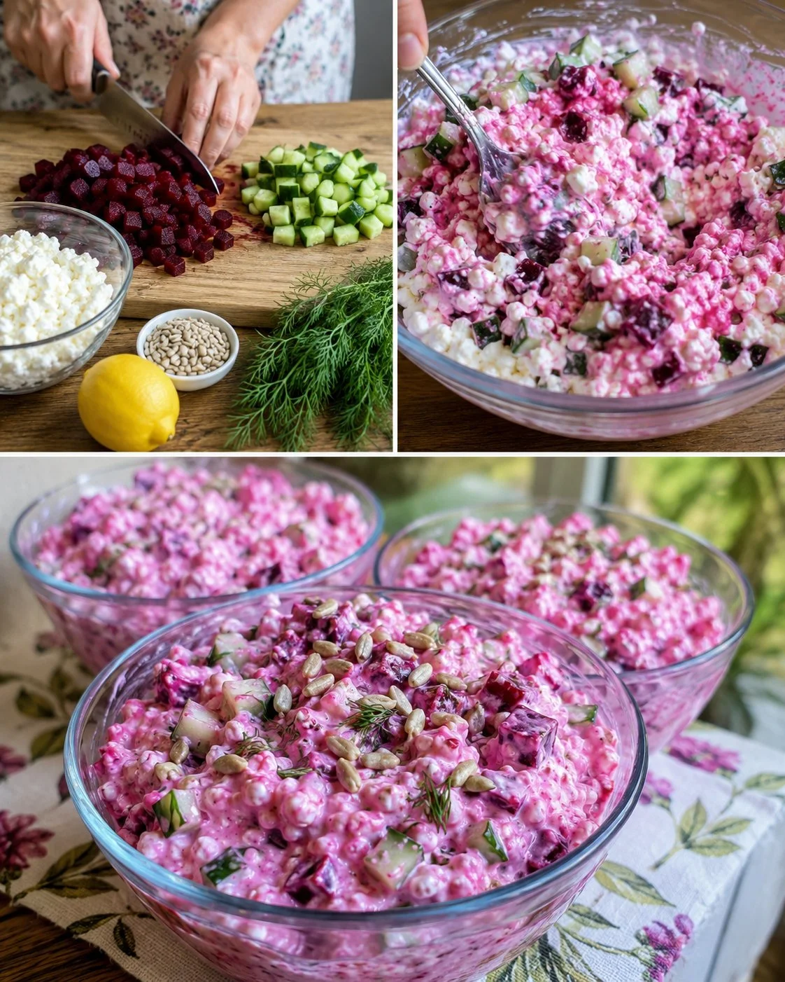 Creamy Beet, Cucumber, and Dill Cottage Cheese Salad in a bowl
