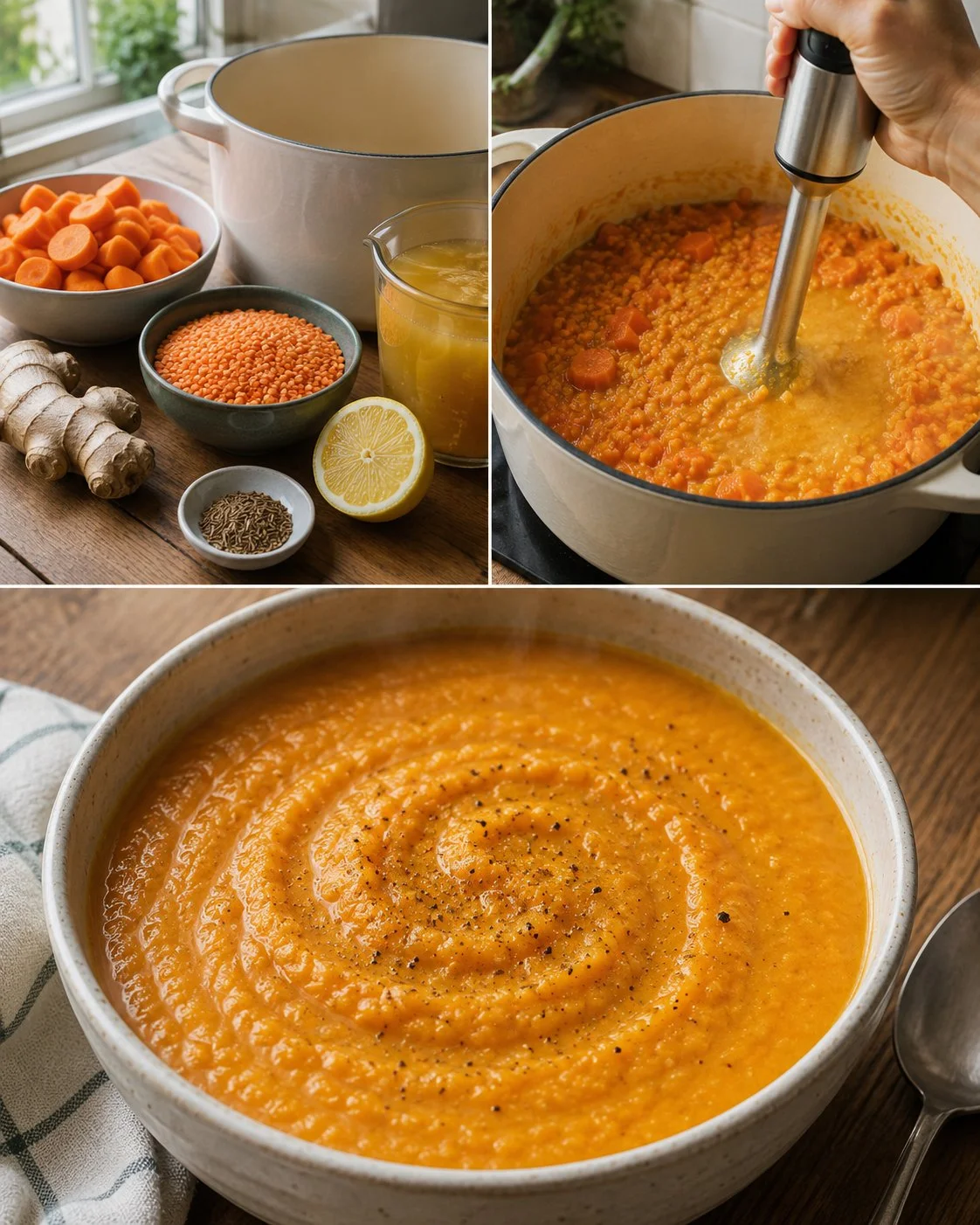 Creamy carrot ginger soup with red lentils served in a bowl.