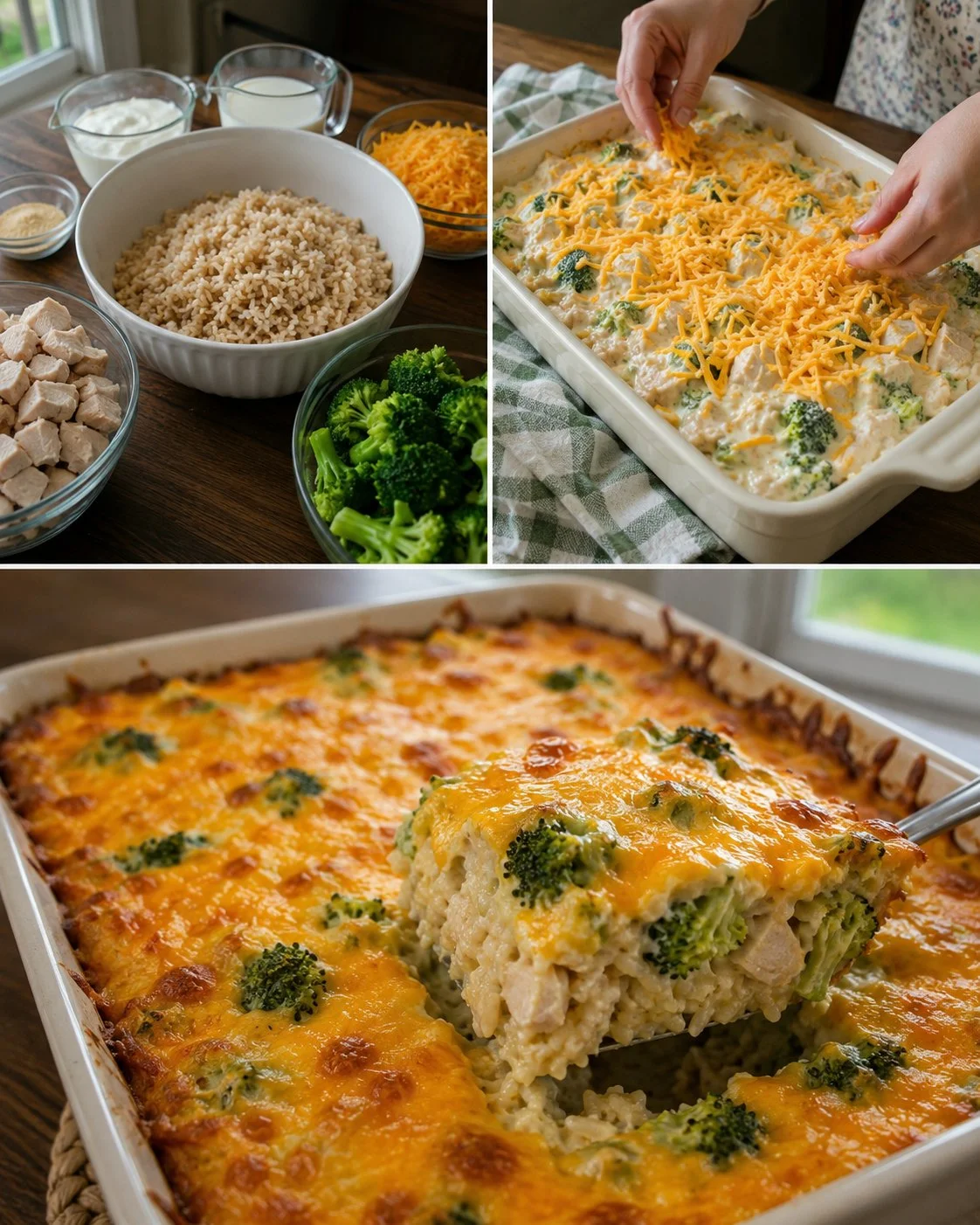 Creamy chicken, broccoli, and brown rice family bake in a casserole dish.