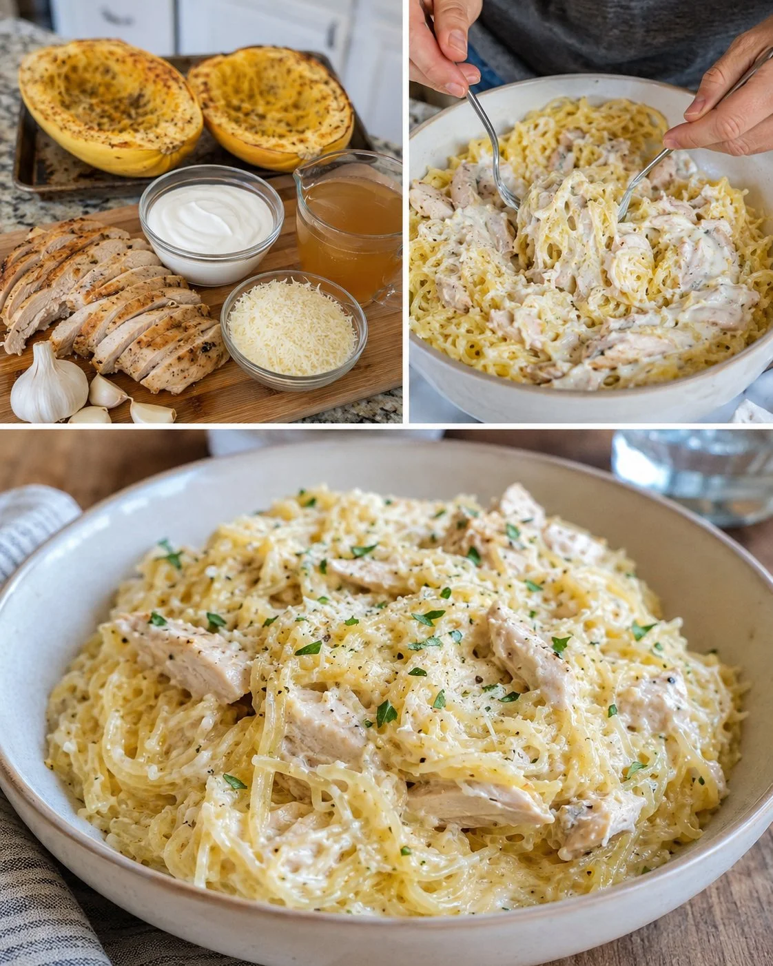 Creamy garlic chicken served on spaghetti squash with herbs and spices