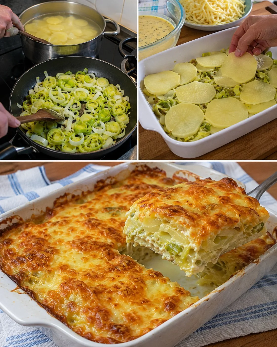 Creamy leek and potato egg bake topped with golden cheese