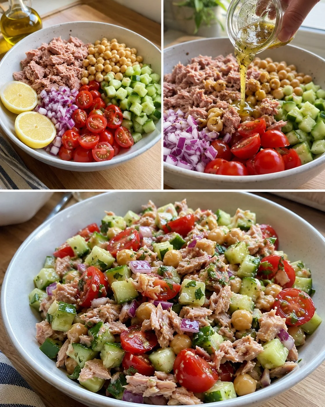 Delicious creamy tuna cucumber chickpea salad served in a bowl