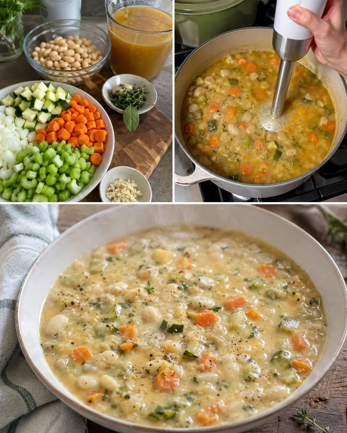 Creamy white bean garden soup with fresh vegetables, no cream added