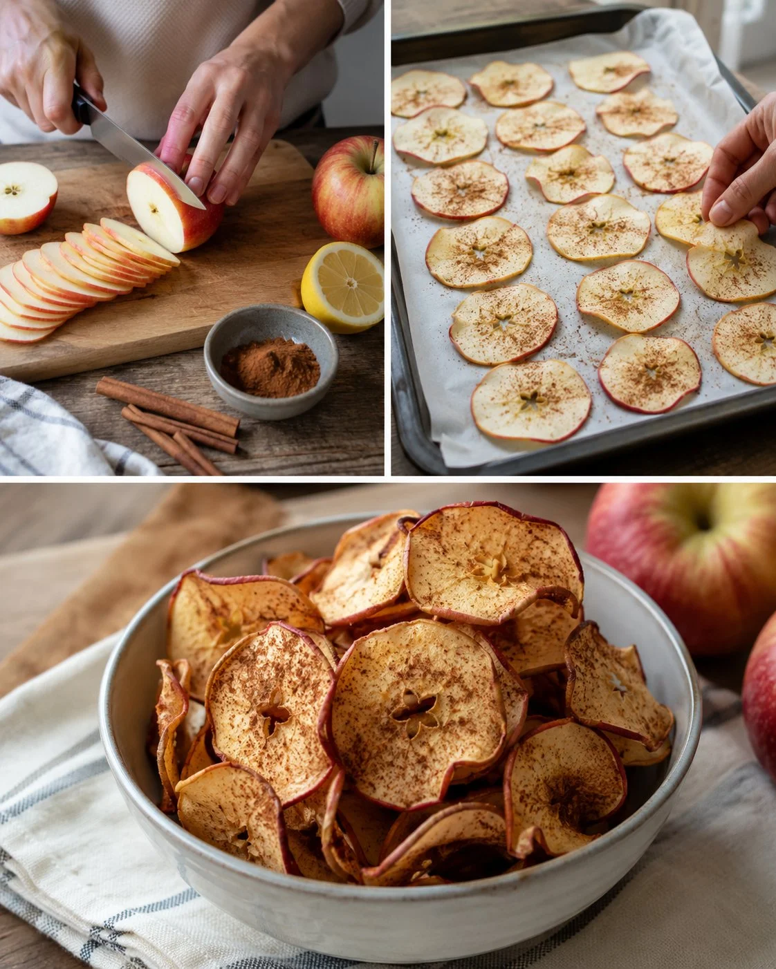 Crispy baked apple cinnamon chips on a plate, healthy snack option.