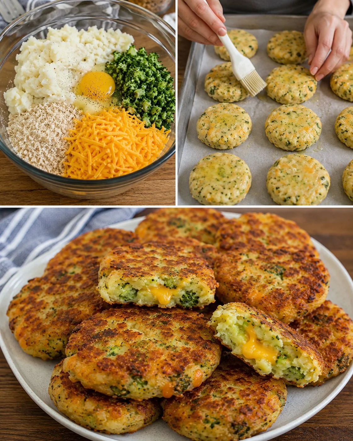 Crispy broccoli potato cheese patties with a soft center on a plate