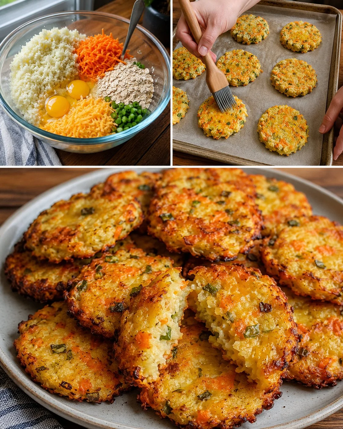 Baked crispy cauliflower carrot cheddar rounds on a plate.